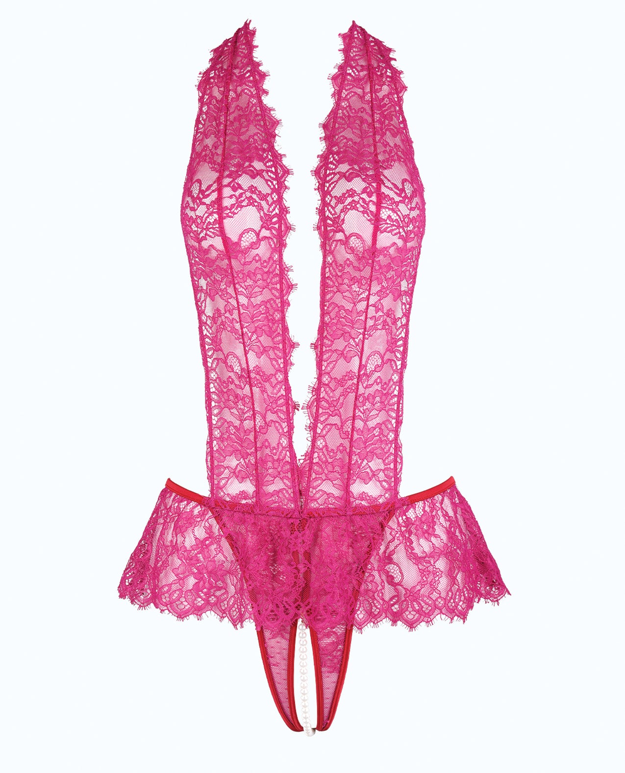 Jocelyn Lace Halter Teddy w/Open Crotch - Raspberry 1X/2X by House of Desire