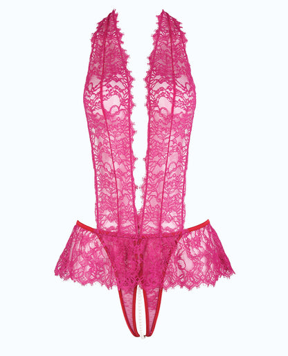 Jocelyn Lace Halter Teddy w/Open Crotch - Raspberry 1X/2X by House of Desire