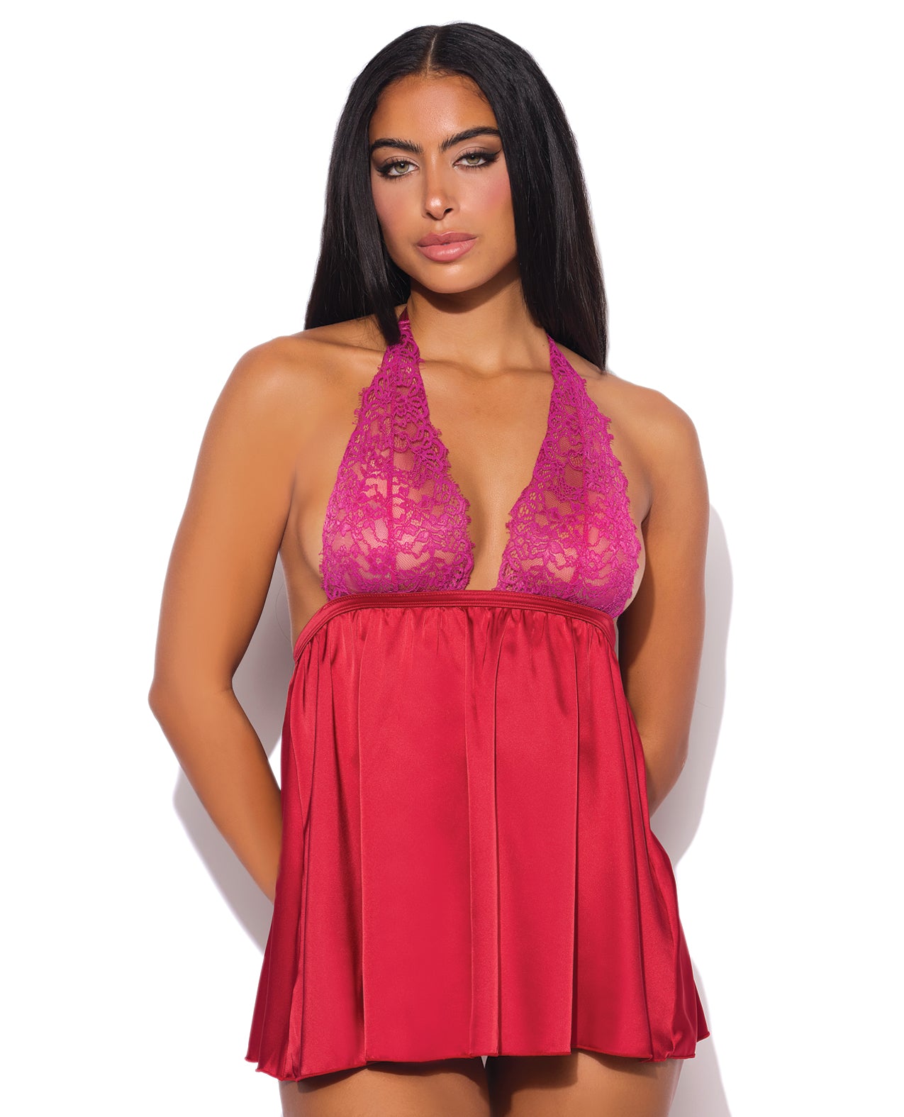 Jocelyn Lace & Satin Halter Mini Babydoll Dress w/Thong - Raspberry SM by House of Desire