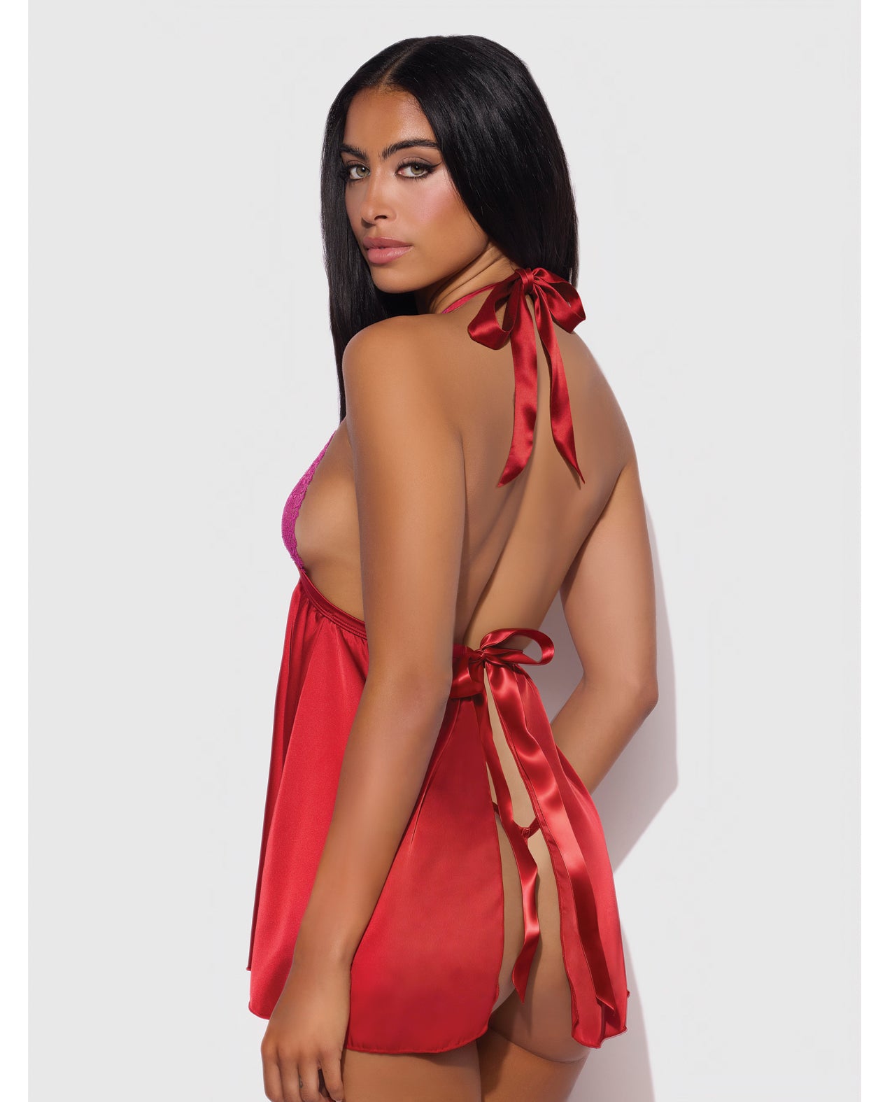 Jocelyn Lace & Satin Halter Mini Babydoll Dress w/Thong - Raspberry SM by House of Desire