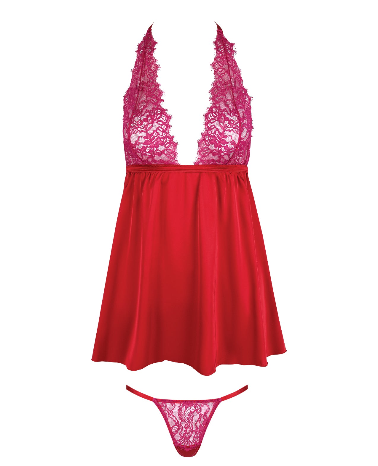 Jocelyn Lace & Satin Halter Mini Babydoll Dress w/Thong - Raspberry SM by House of Desire