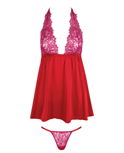 Jocelyn Lace & Satin Halter Mini Babydoll Dress w/Thong - Raspberry 1X/2X by House of Desire