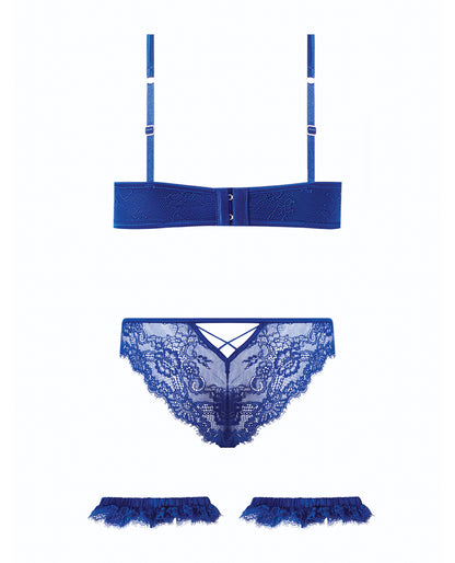 Madeline Lace & Mesh Bra, Garters, & Panty - Cobalt Blue MD by House of Desire