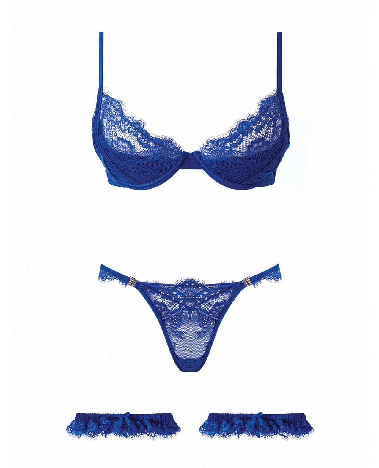 Madeline Lace & Mesh Bra, Garters, & Panty - Cobalt Blue 3X/4X by House of Desire