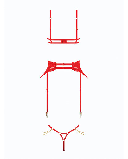 Cecily Lace Cut-Out Bra & Thong w/Garter Straps - Red SM by House of Desire