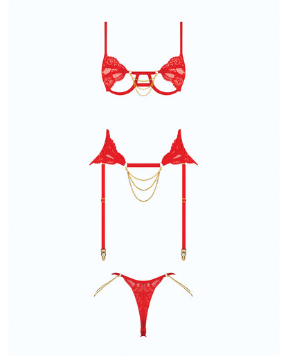 Cecily Lace Cut-Out Bra & Thong w/Garter Straps - Red MD by House of Desire