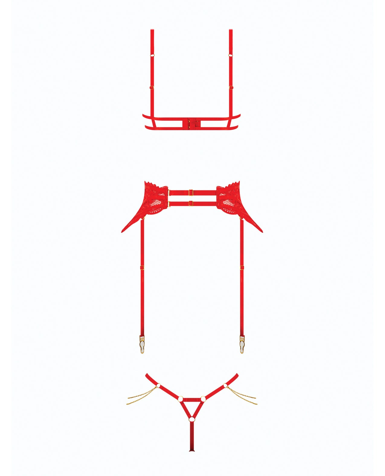 Cecily Lace Cut-Out Bra & Thong w/Garter Straps - Red XL by House of Desire