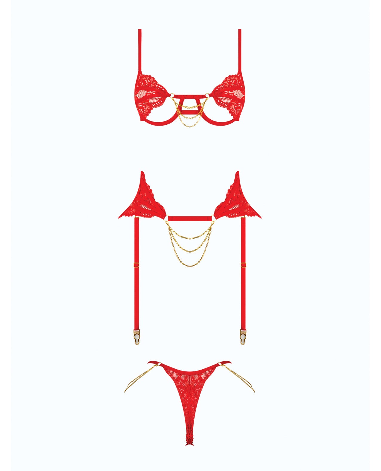 Cecily Lace Cut-Out Bra & Thong w/Garter Straps - Red 1X/2X by House of Desire