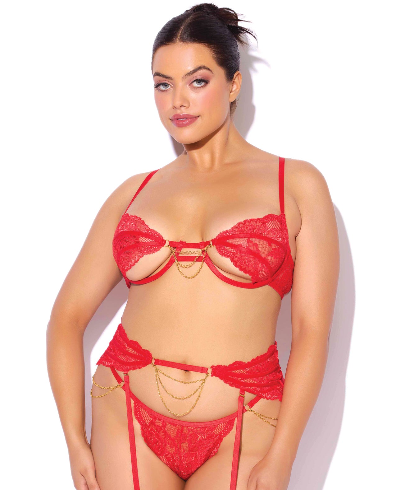 Cecily Lace Cut-Out Bra & Thong w/Garter Straps - Red 3X/4X by House of Desire