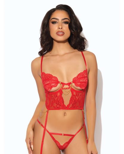 Cecily Lace & Mesh Bustier w/Thong & Garter Straps - Red SM by House of Desire