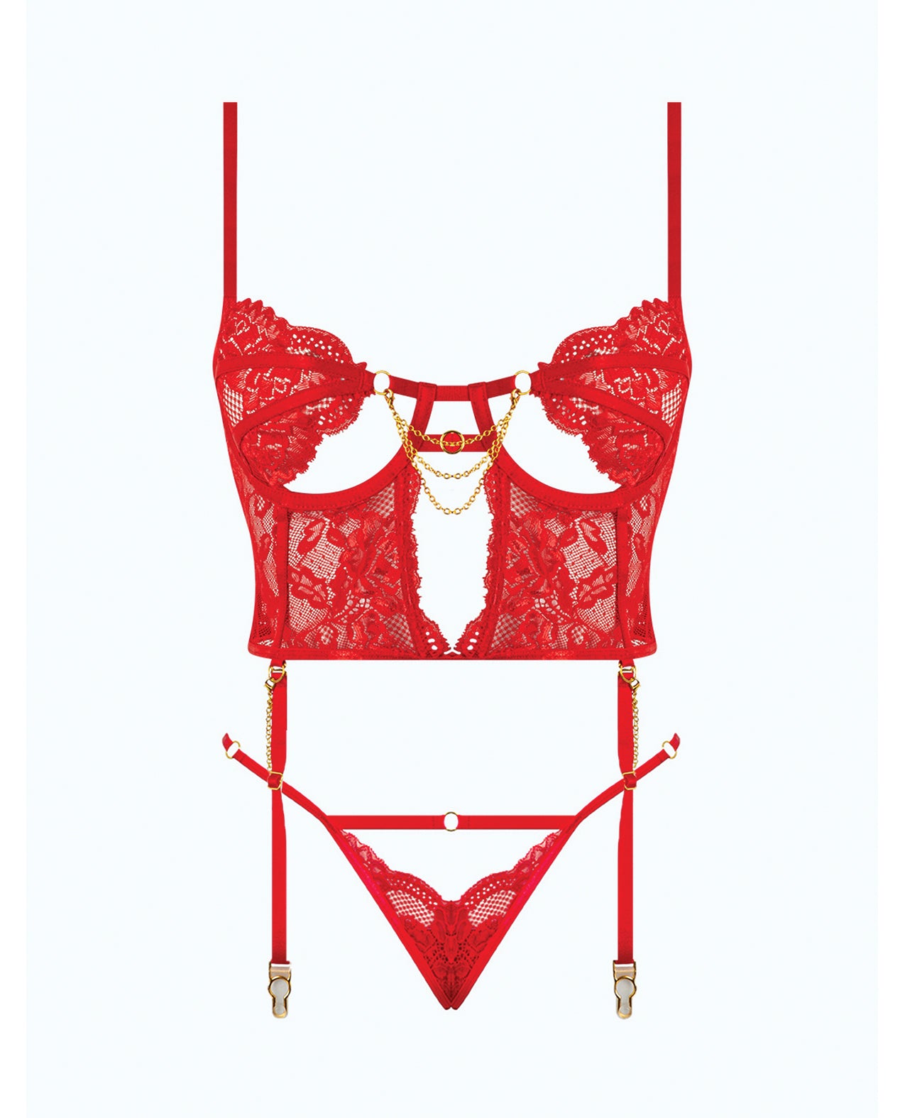 Cecily Lace & Mesh Bustier w/Thong & Garter Straps - Red MD by House of Desire