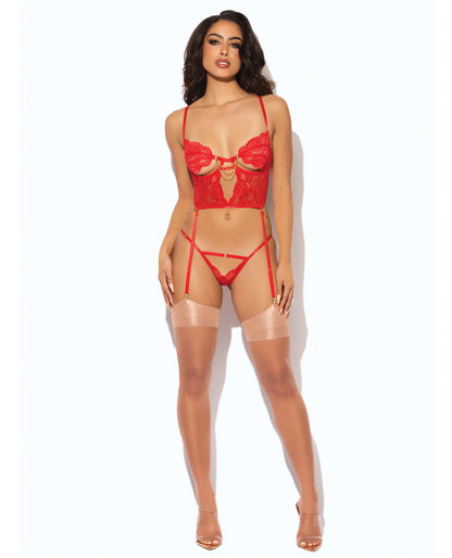 Cecily Lace & Mesh Bustier w/Thong & Garter Straps - Red LG by House of Desire