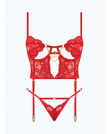 Cecily Lace & Mesh Bustier w/Thong & Garter Straps - Red 1X/2X by House of Desire