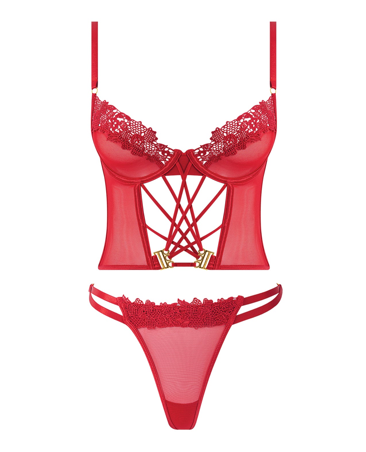 Ashley Alexiss Bustier w/Front Lace Up Ribbon Details & Matching High Cut Thong - Red XL by House of Desire
