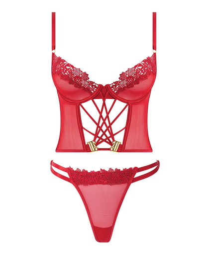 Ashley Alexiss Bustier w/Front Lace Up Ribbon Details & Matching High Cut Thong - Red 3X/4X by House of Desire