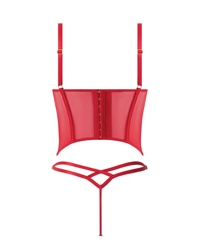 Ashley Alexiss Bustier w/Front Lace Up Ribbon Details & Matching High Cut Thong - Red 3X/4X by House of Desire