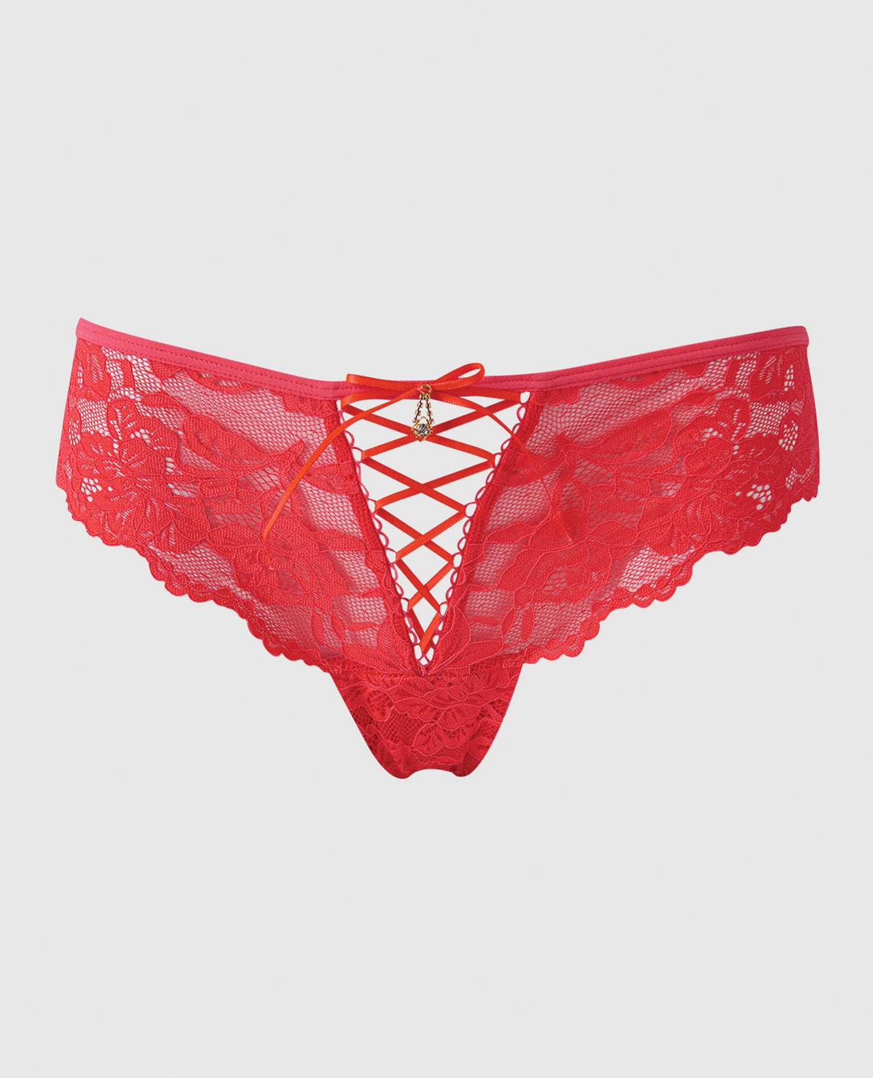 Bella Lace Up Tanga Panty w/Jewel Detail - Coral LG by House of Desire