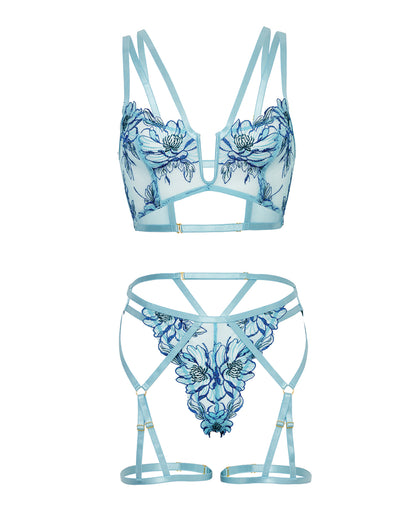 Emilia Floral Embroidered 2 pc Set w/Strapping Details & Attached Double Garter by Oh La La Cheri