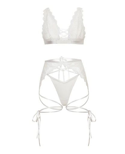 Naya Lace 3 pc Set w/Strap Details - White L/XL