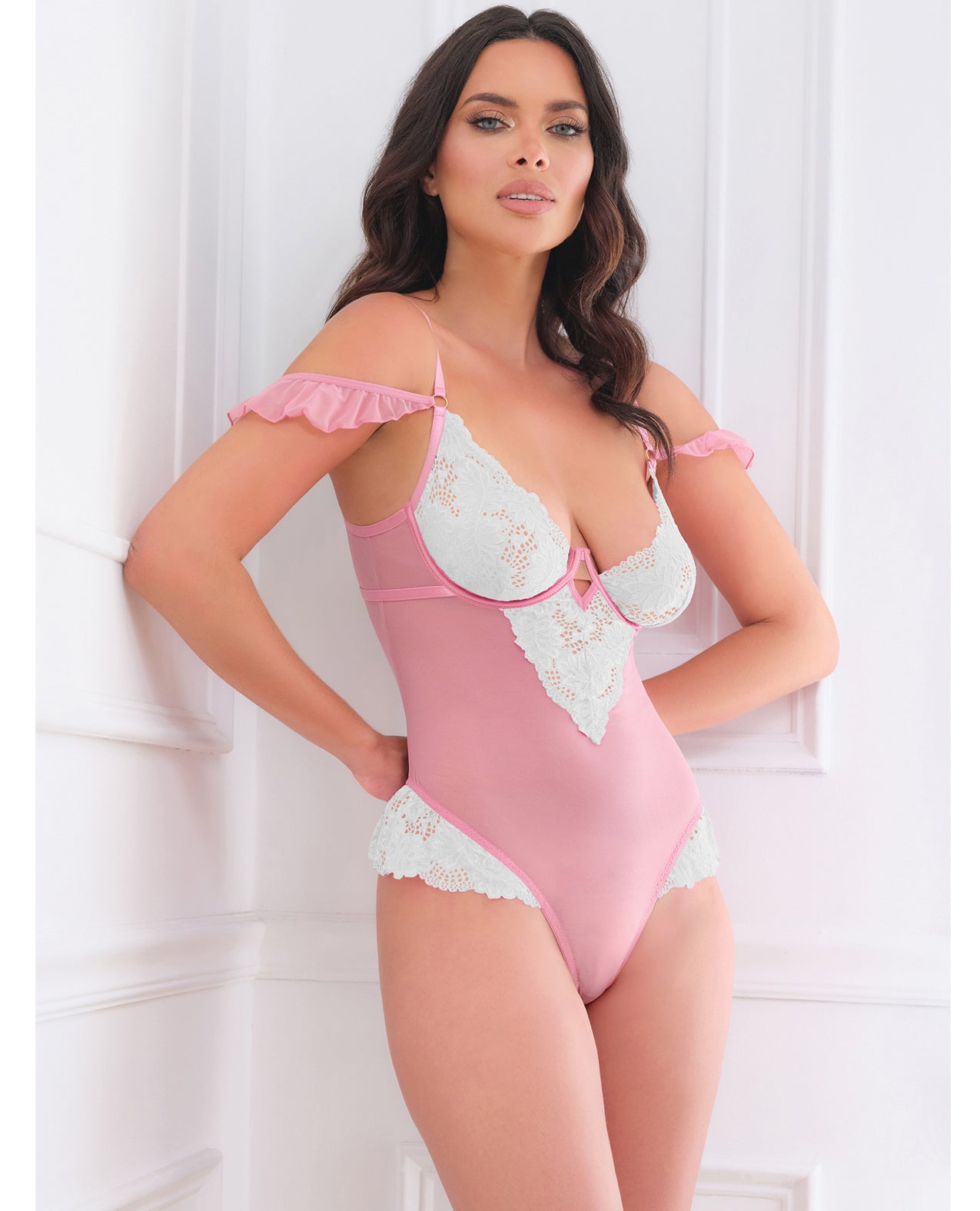 Cassandra Lace & Mesh Teddy w/Ruffle Details - Pink & White LG