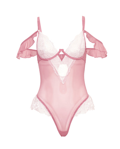 Cassandra Lace & Mesh Teddy w/Ruffle Details - Pink & White LG