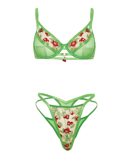 Cheri Underwire Embroidered 2 pc Set w/Cherry Charm Details - Neon Green MD by Oh La La Cheri