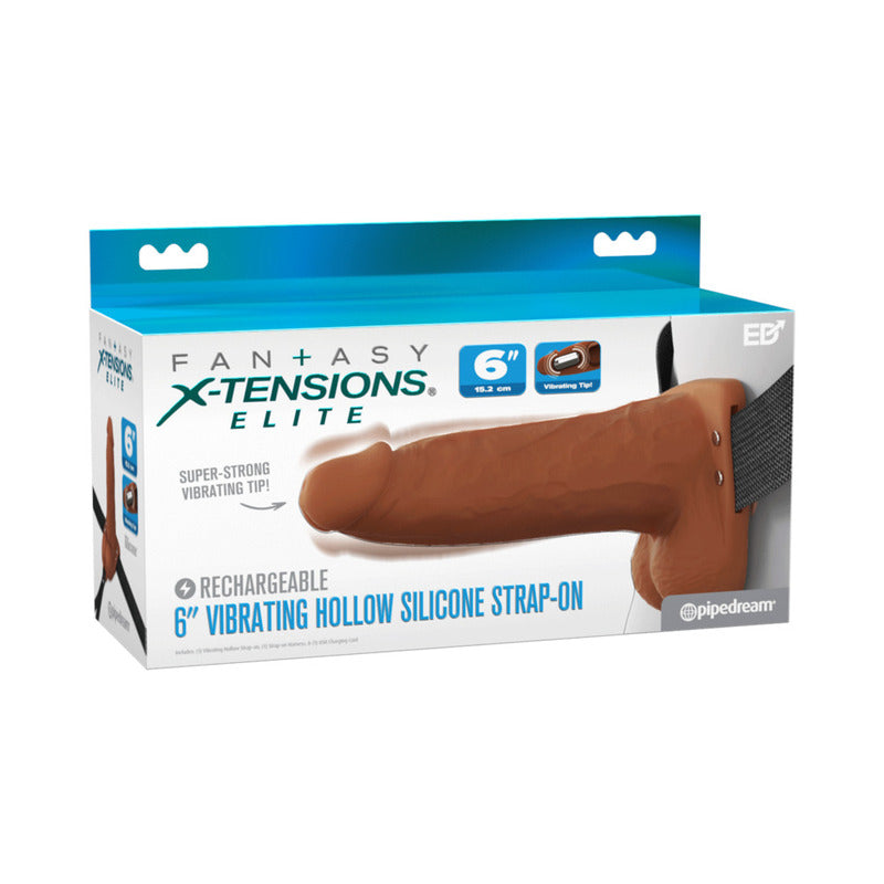 Fantasy X-Tensions Elite Vibrating Hollow Silicone Strap-On 6 in. Brown by Pipedream