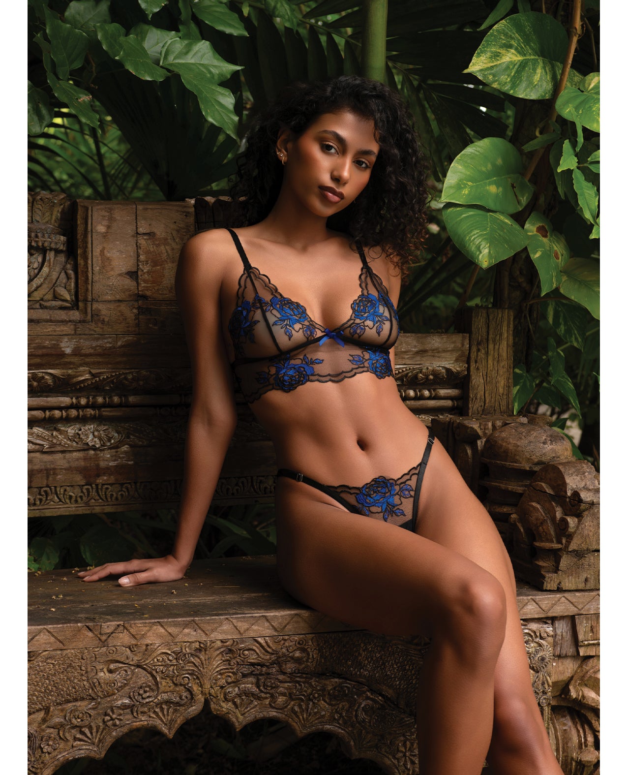 After Midnight Lace Embroidered Metallic Peony Bralette & Thong 2 pc Set - Black/Blue MD by Roma Confidential