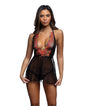 Midnight Rose Multicolor Floral Embroidered Lace Baby Doll - Black/Hot Pink XL by Roma Confidential