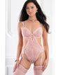 Dramatic Lace Teddy w/Garter Straps & Stockings - Pink O/S by G World
