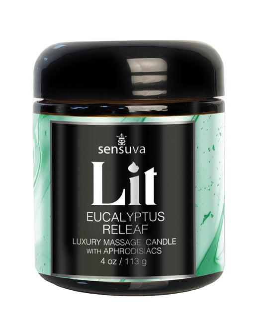 Sensuva Lit Eucalyptus & Tea Leaf Releaf Luxury Massage Candle - 4 oz by Sensuva