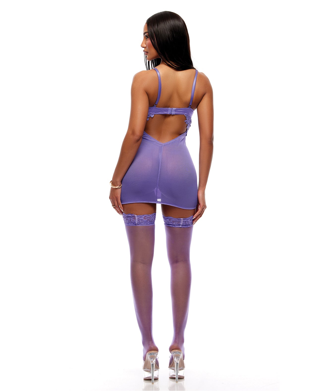 See It Through Guipure Lace Chemise w/Thong & Stockings - Purple XL by Forplay