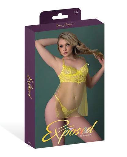 Daffodil Dreams Lace & Mesh Baby Doll w/G-String - Yellow L/XL by Exposed