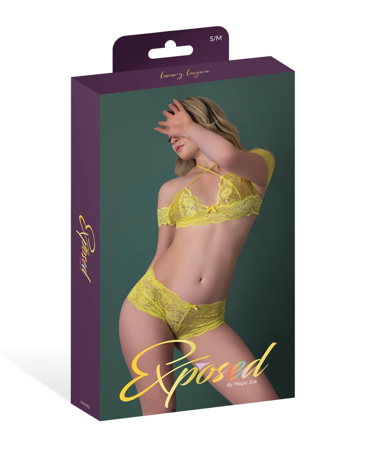 Daffodil Dreams Lace Halter Bralette w/Bardot Sleeves & Boy Short - Yellow L/XL by Exposed
