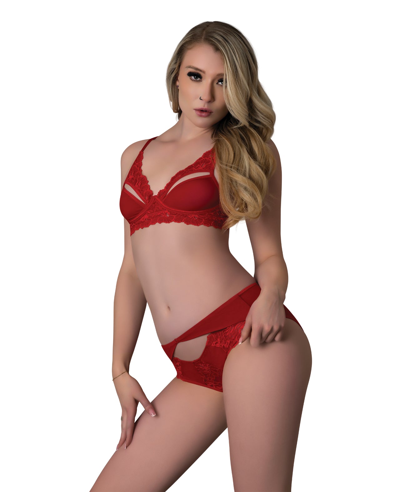 Rush Lace & Mesh Bra & Panty 2 pc Set - Red S/M by Exposed