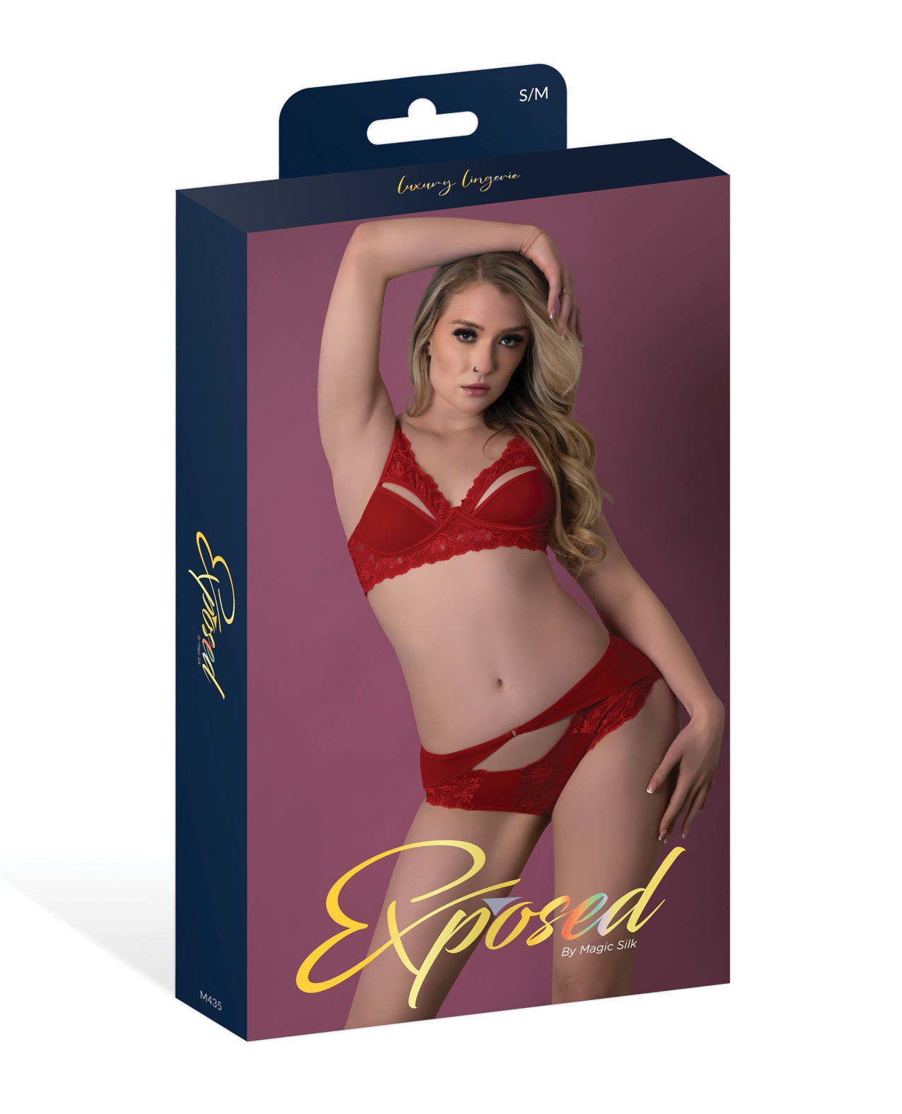Rush Lace & Mesh Bra & Panty 2 pc Set - Red L/XL by Exposed