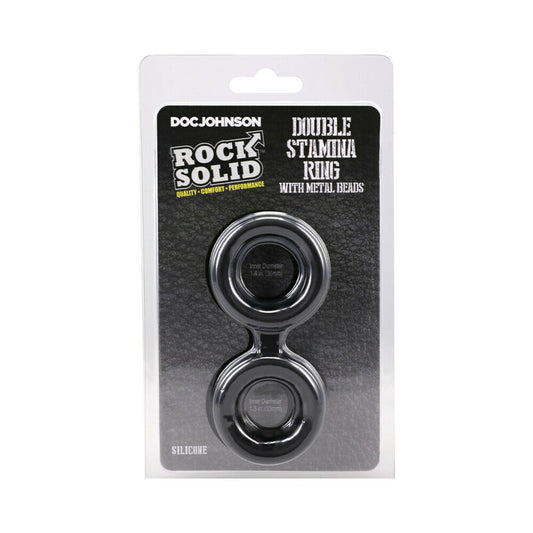 ROCK SOLID Silicone Double Stamina Ring with Metal Beads Black by Doc Johnson