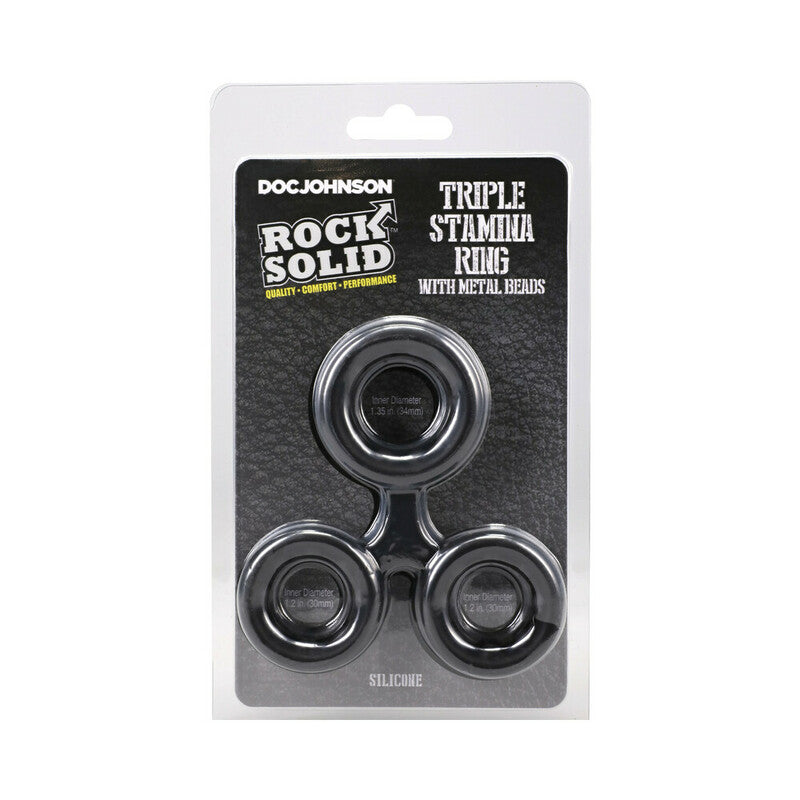 ROCK SOLID Silicone Triple Stamina Ring with Metal Beads Black by Doc Johnson