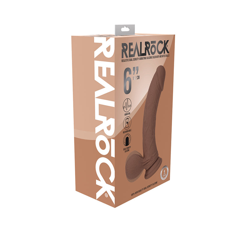 Realrock Realistic Dual Density Vibrating Silicone Dildo with Weighted Balls 6 in. Tan by Shots America LLC