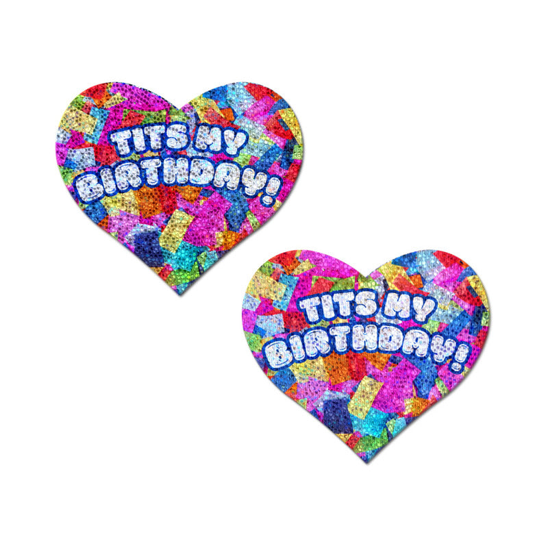 Pastease Tits My Birthday! Heart Breast Pasties with Confetti – Festive Party Accessory by Pastease