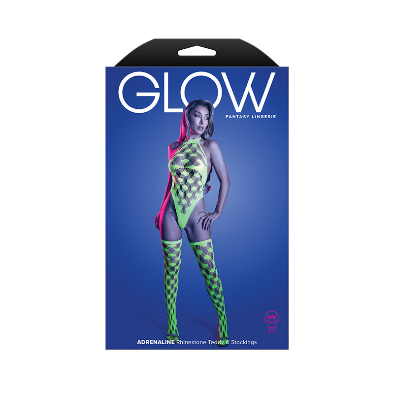 Fantasy Lingerie Glow Adrenaline Halter Teddy & Stockings in Rhinestone Fishnet, One Size - GL2662-OS-B by Fantasy Lingerie