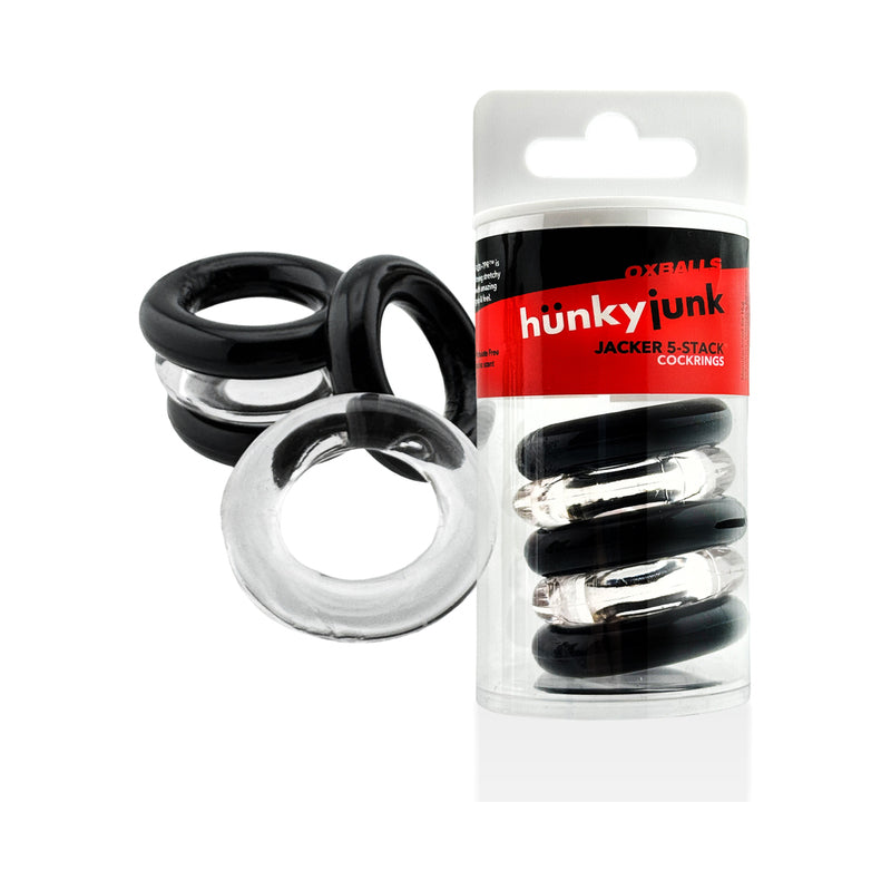 Hunkyjunk Jacker 5-Stack Five-Pack Tube Super-Strong Cockrings Clear/Black by Blue Ox Designs, Oxballs