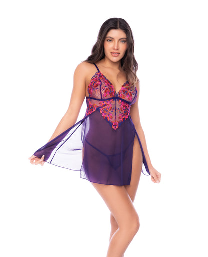 Floral Embroidered Mesh Babydoll w/Thong 2 pc Set - Orchid S/M by Mapale