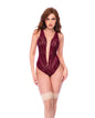 Plunging Lace & Mesh Teddy w/Open back & Lace Up Detail - Burgundy L/XL by Mapale