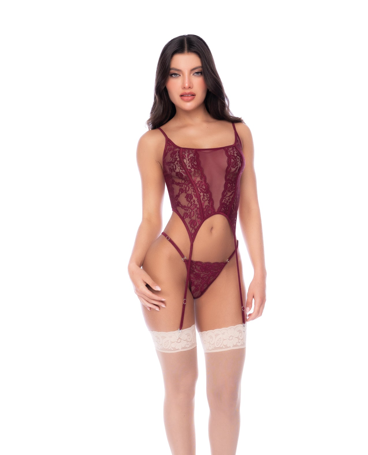 Sheer Lace & Mesh Top w/Attached Garter Straps & Thong 2 pc Set - Burgundy L/XL by Mapale