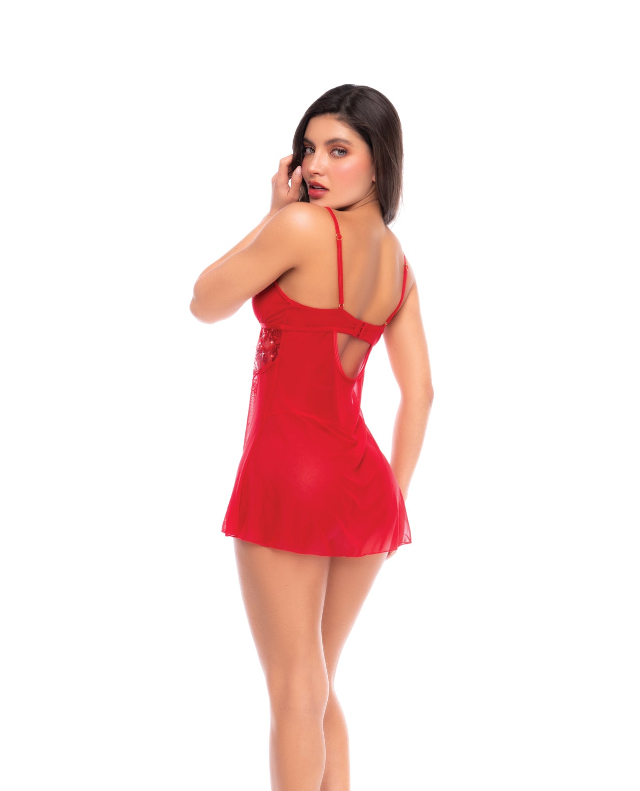Sheer Mesh Babydoll w/Embroidered Cups & Thong - Red L/XL by Mapale