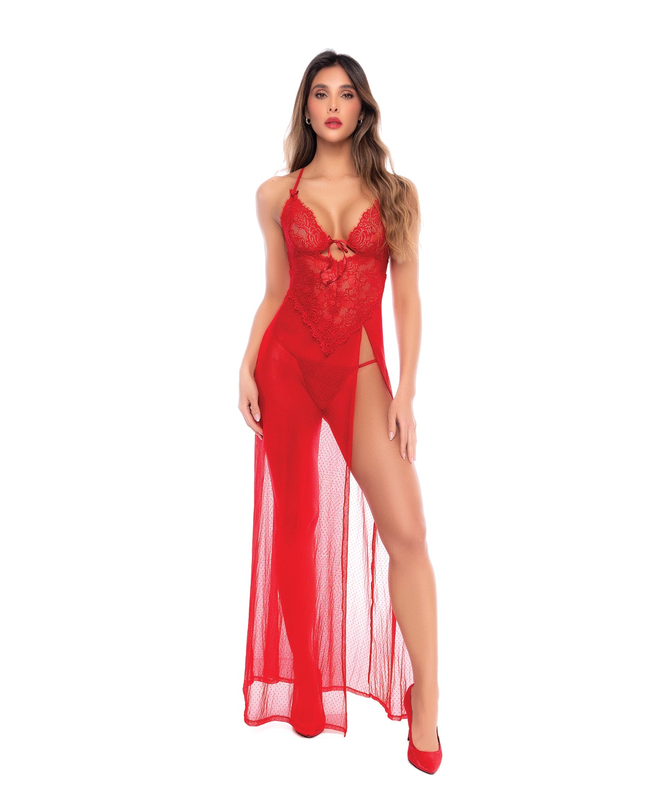 Dotted Lace & Mesh Maxi Dress w/High Side Slit & Thong - Red S/M by Mapale