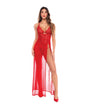 Dotted Lace & Mesh Maxi Dress w/High Side Slit & Thong - Red S/M by Mapale