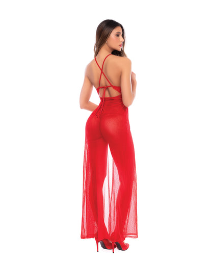 Dotted Lace & Mesh Maxi Dress w/High Side Slit & Thong - Red L/XL by Mapale