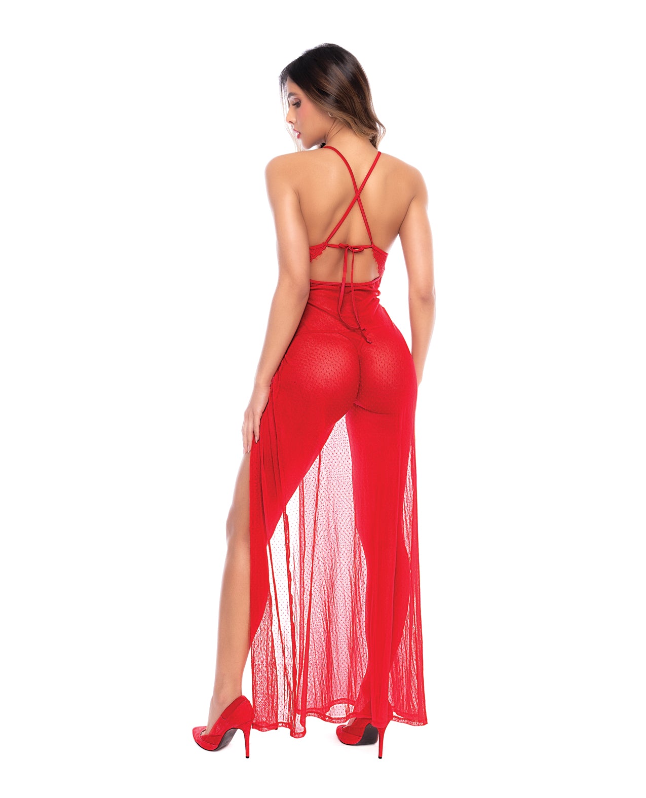 Dotted Lace & Mesh Maxi Dress w/High Side Slit & Thong - Red L/XL by Mapale